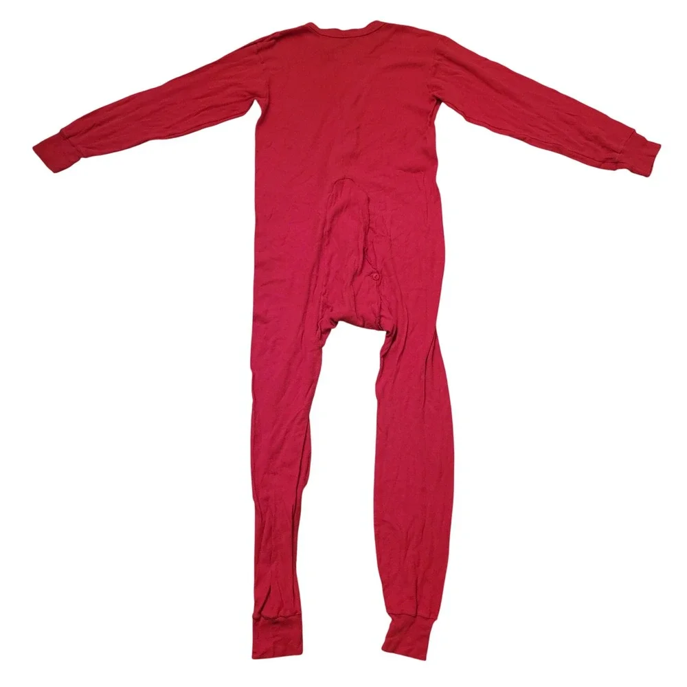 M/L Union Suit Red Long Sleeve Ribbed Thermal Rear Flap Longjohns Base Layer